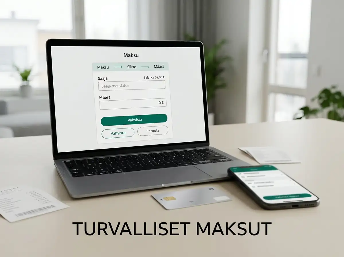 Kannettava tietokone, pankkikortti ja euromääräinen tilisiirto pankkisovelluksen vieressä